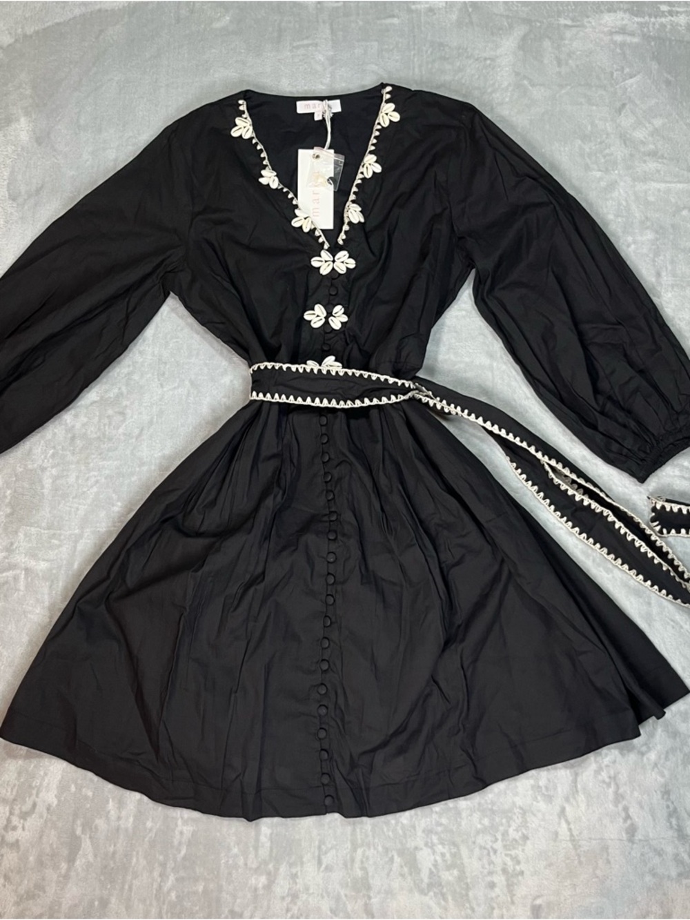 Marea Solana Dress Batik Black Cotton Shell Trim Belted Boho Mini Size S NWT - Picture 2 of 13